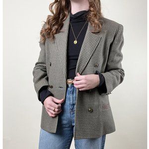 Vintage Lion Button Double Breasted Houndstooth Oversized Blazer Jacket Preppy